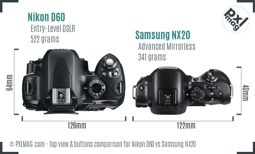 Nikon D60 vs Samsung NX20 top view buttons comparison