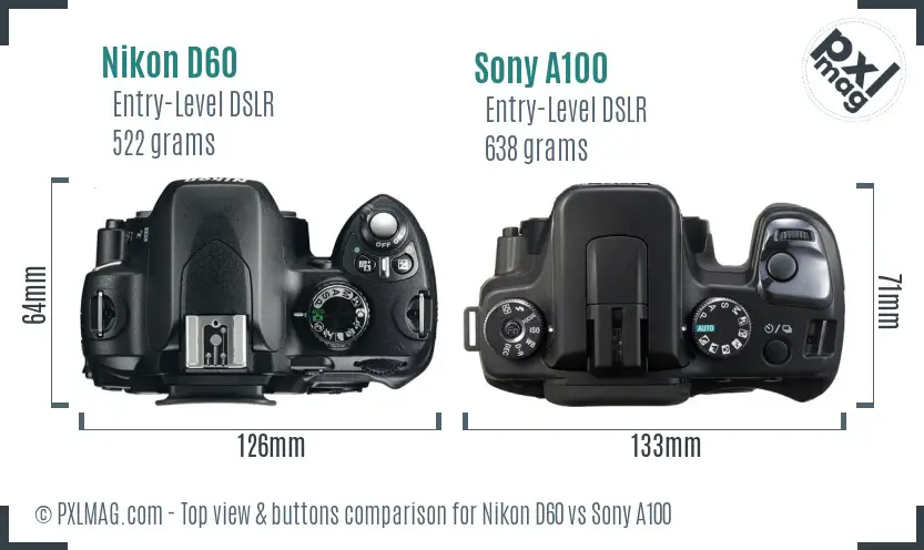 Nikon D60 vs Sony A100 top view buttons comparison