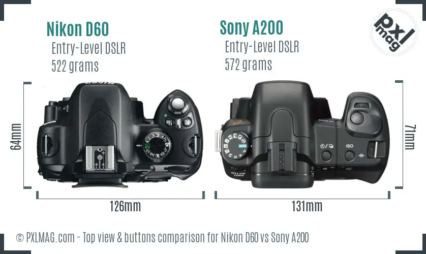 Nikon D60 vs Sony A200 top view buttons comparison