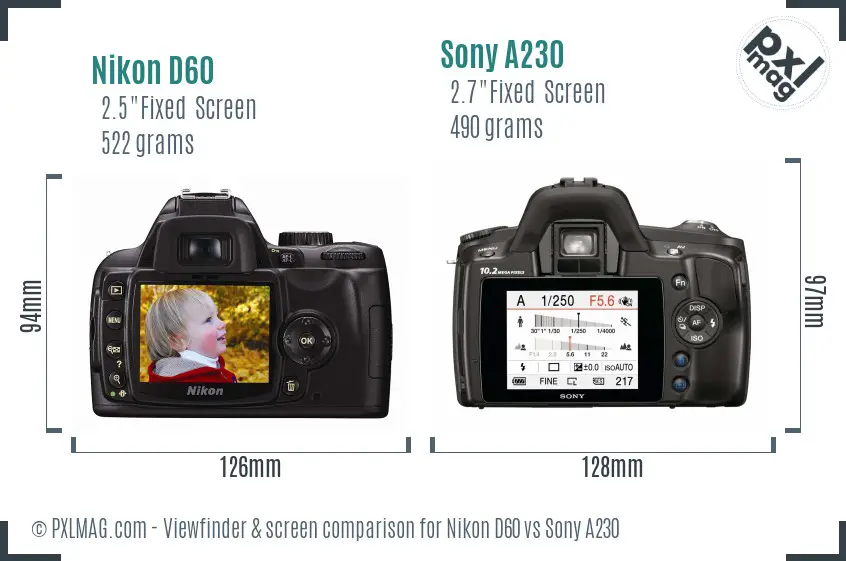 Nikon D60 vs Sony A230 Screen and Viewfinder comparison