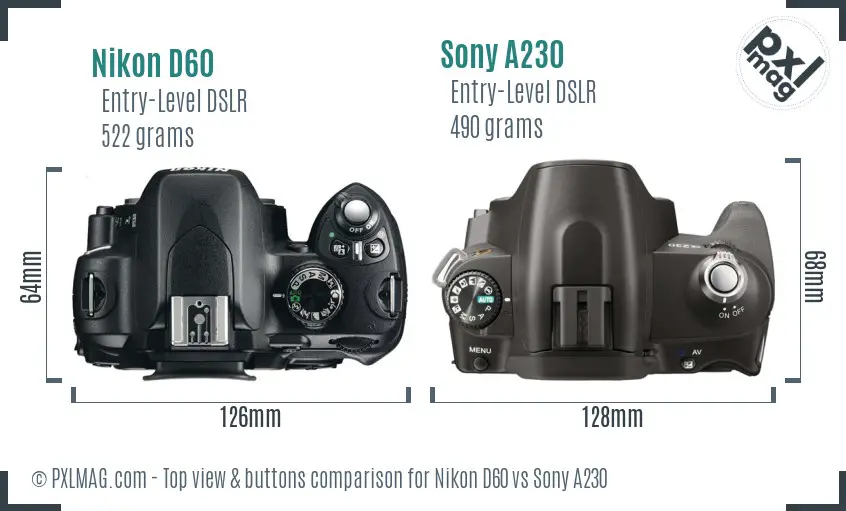 Nikon D60 vs Sony A230 top view buttons comparison