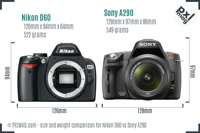 Nikon D60 vs Sony A290 size comparison