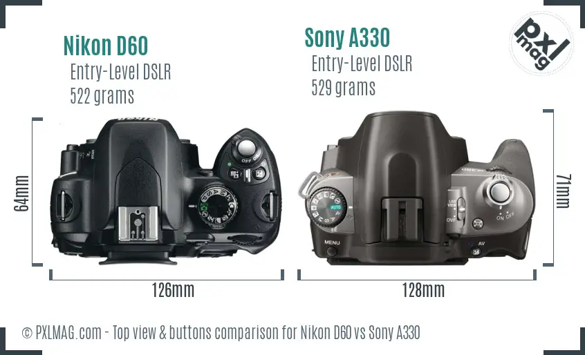 Nikon D60 vs Sony A330 top view buttons comparison