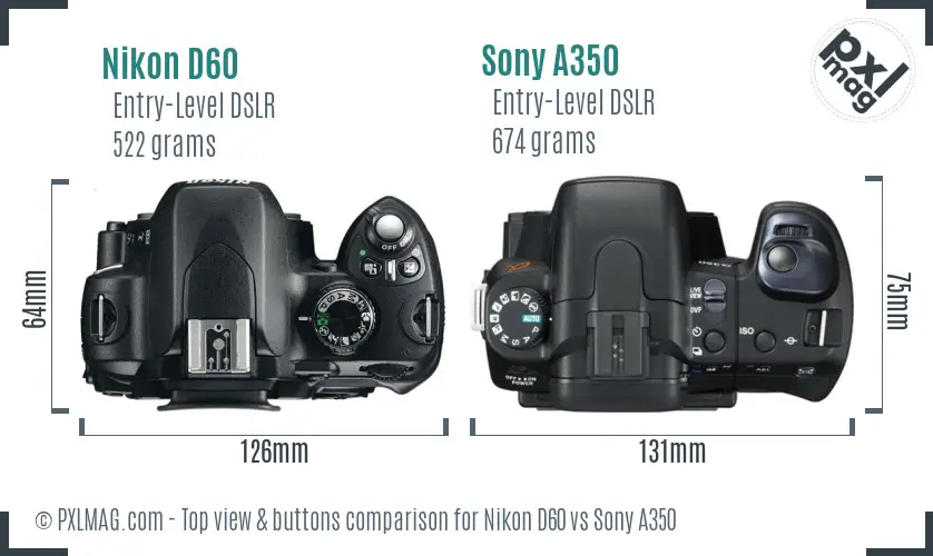 Nikon D60 vs Sony A350 top view buttons comparison