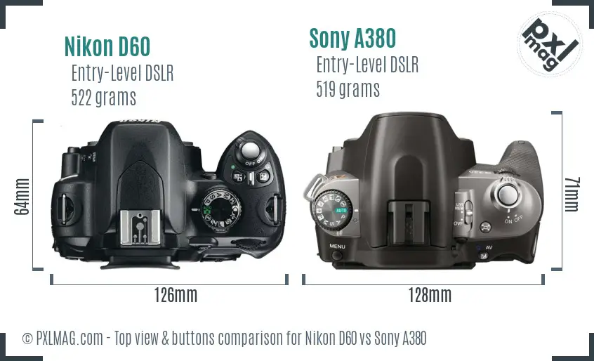 Nikon D60 vs Sony A380 top view buttons comparison