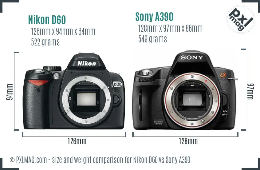 Nikon D60 vs Sony A390 size comparison