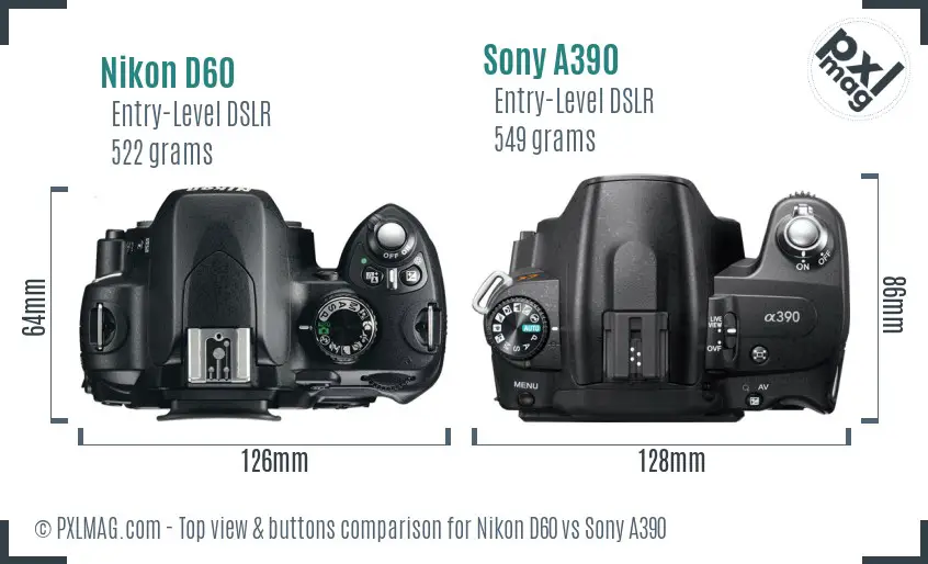Nikon D60 vs Sony A390 top view buttons comparison