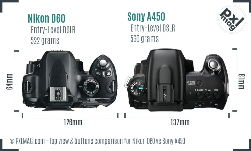 Nikon D60 vs Sony A450 top view buttons comparison