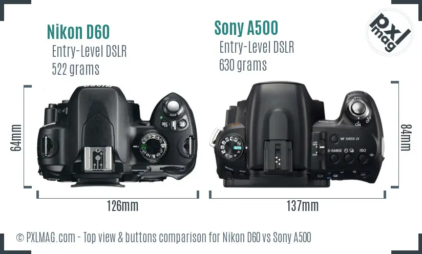 Nikon D60 vs Sony A500 top view buttons comparison