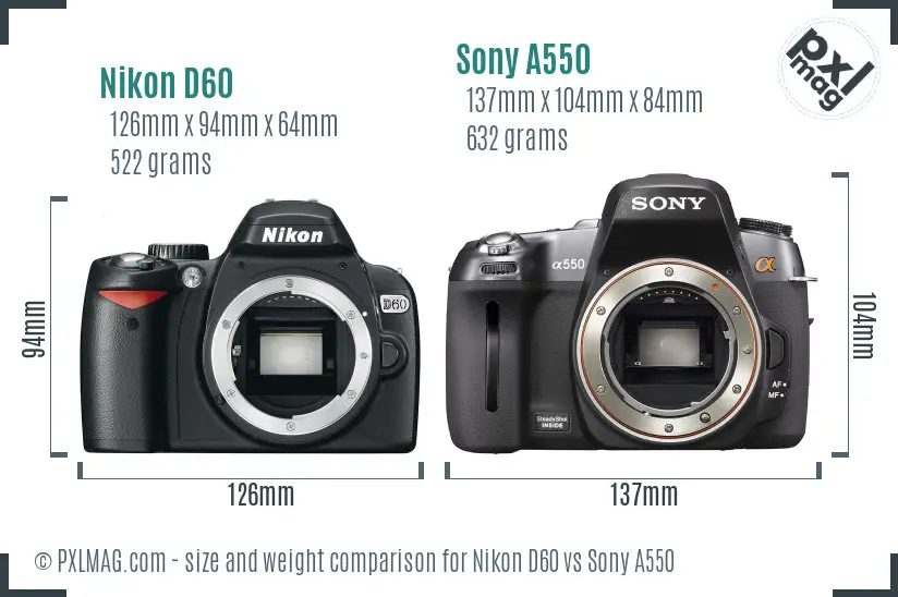 Nikon D60 vs Sony A550 size comparison