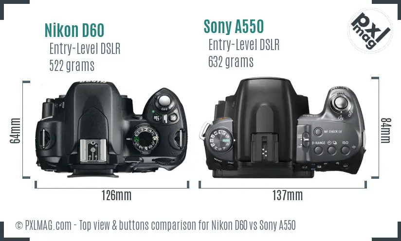 Nikon D60 vs Sony A550 top view buttons comparison