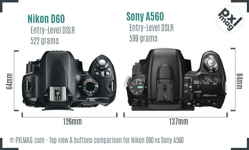 Nikon D60 vs Sony A560 top view buttons comparison