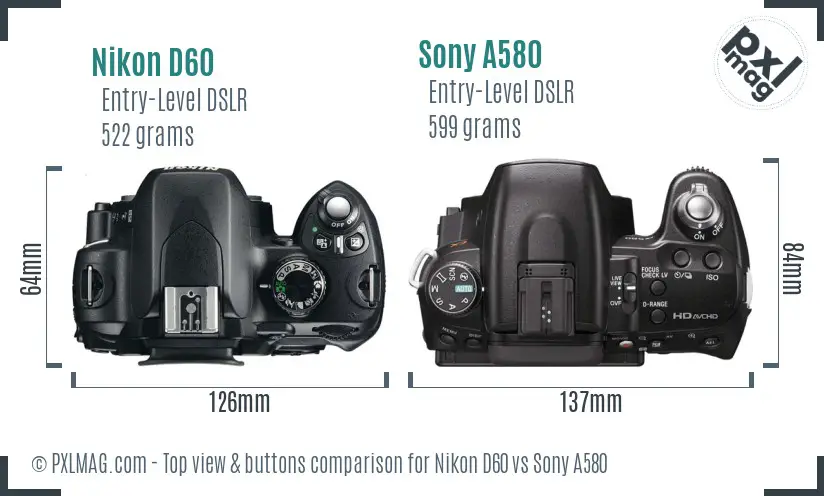 Nikon D60 vs Sony A580 top view buttons comparison