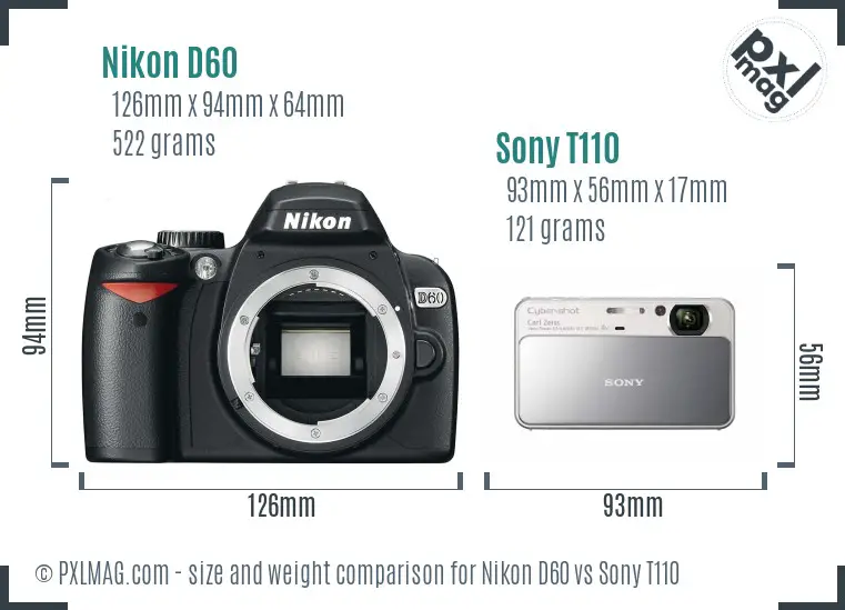 Nikon D60 vs Sony T110 size comparison