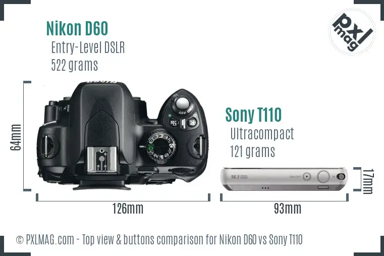 Nikon D60 vs Sony T110 top view buttons comparison