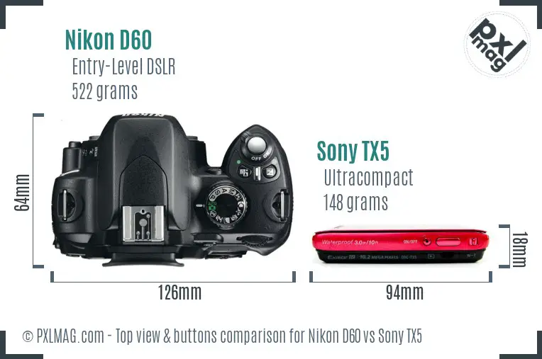 Nikon D60 vs Sony TX5 top view buttons comparison