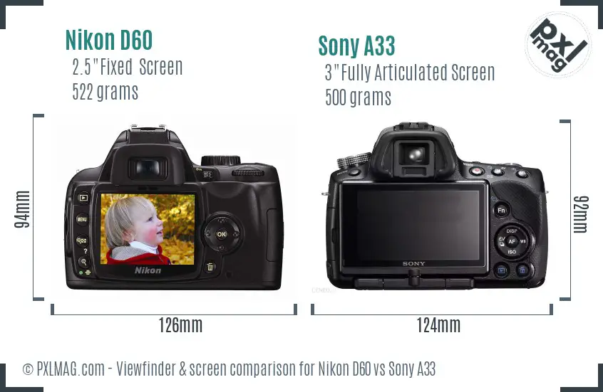 Nikon D60 vs Sony A33 Screen and Viewfinder comparison