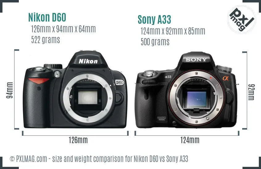 Nikon D60 vs Sony A33 size comparison