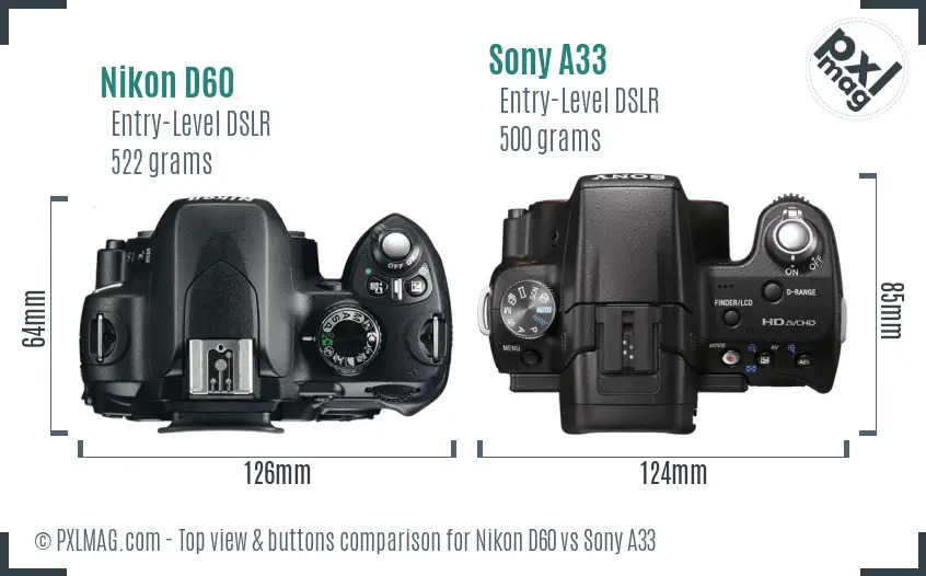Nikon D60 vs Sony A33 top view buttons comparison