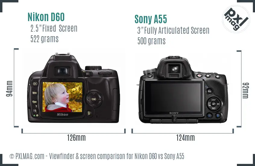 Nikon D60 vs Sony A55 Screen and Viewfinder comparison