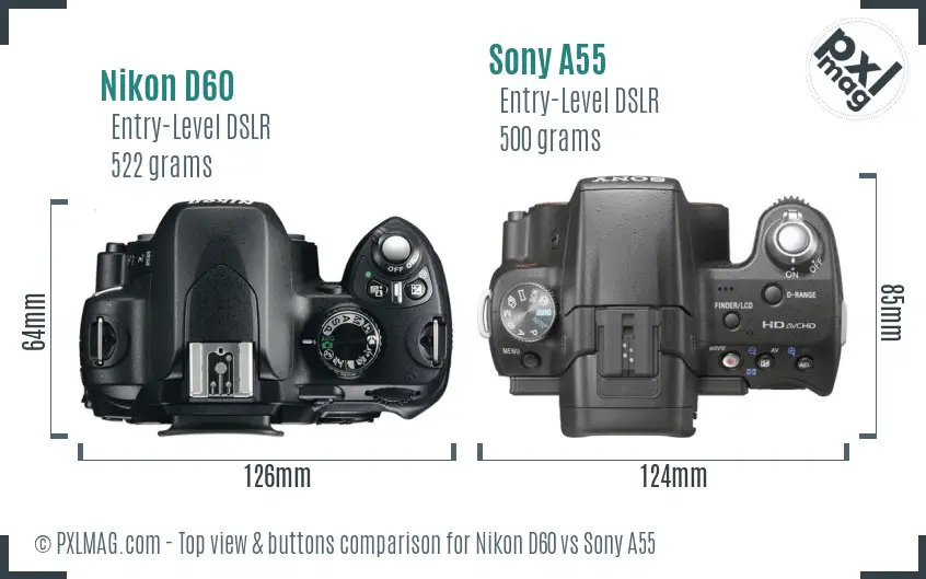 Nikon D60 vs Sony A55 top view buttons comparison