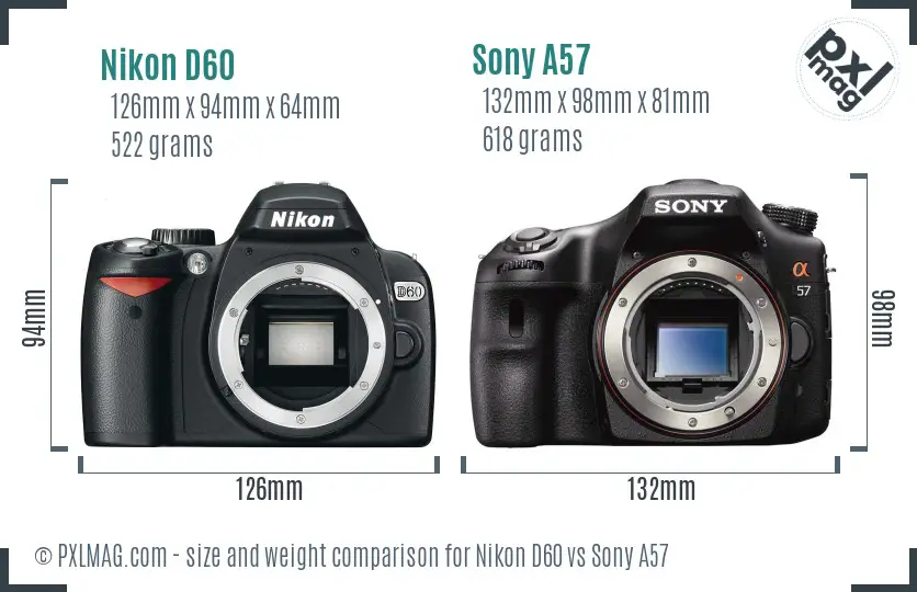 Nikon D60 vs Sony A57 size comparison