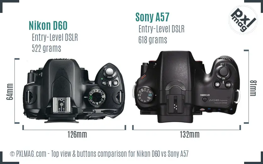 Nikon D60 vs Sony A57 top view buttons comparison