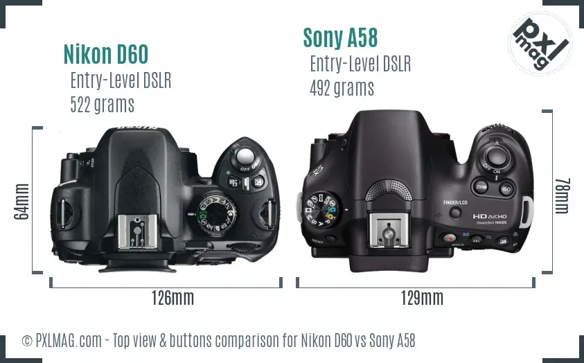 Nikon D60 vs Sony A58 top view buttons comparison