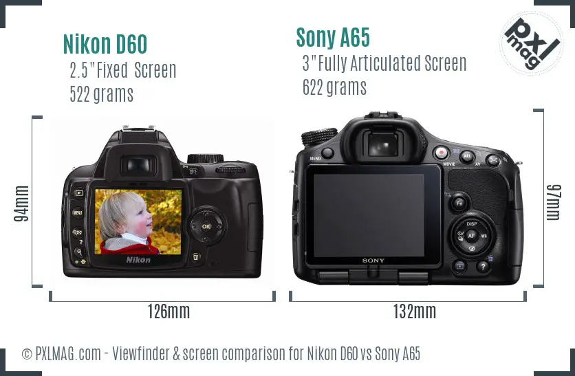Nikon D60 vs Sony A65 Screen and Viewfinder comparison