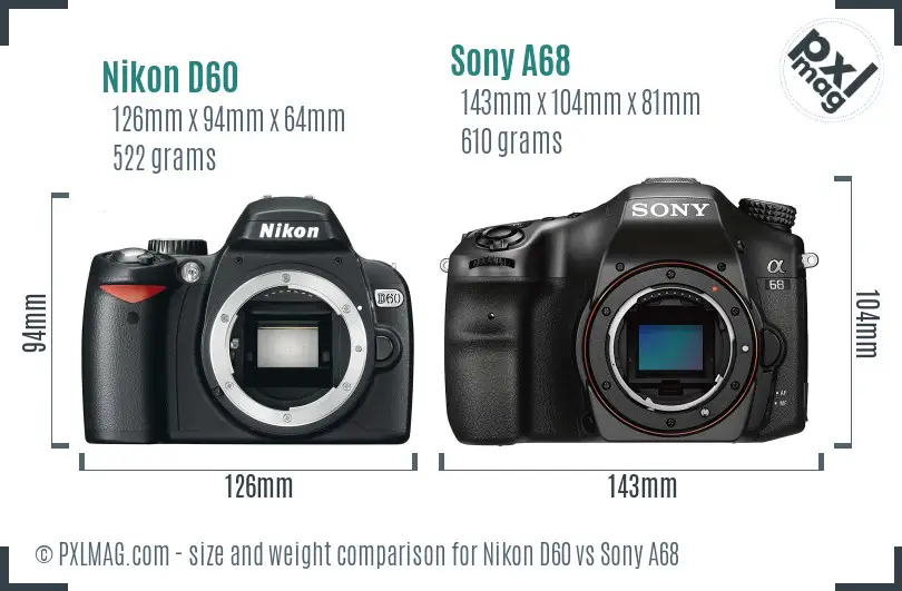 Nikon D60 vs Sony A68 size comparison