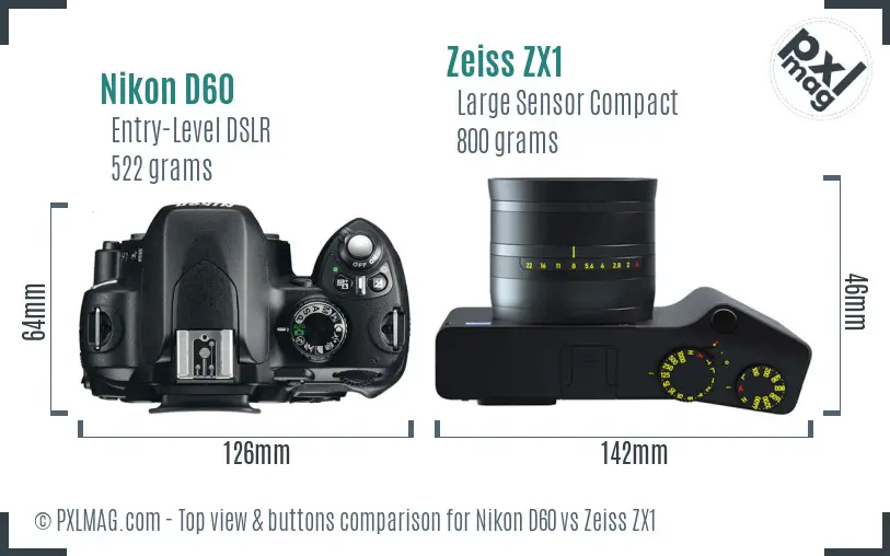 Nikon D60 vs Zeiss ZX1 top view buttons comparison
