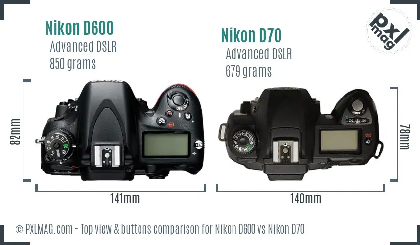Nikon D600 vs Nikon D70 top view buttons comparison