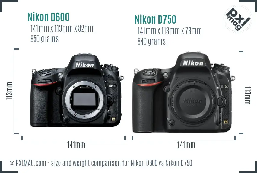 Nikon D600 vs Nikon D750 size comparison