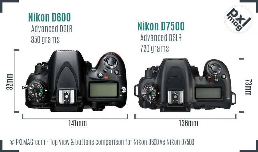 Nikon D600 vs Nikon D7500 top view buttons comparison