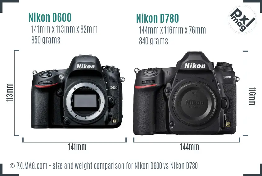 Nikon D600 vs Nikon D780 size comparison