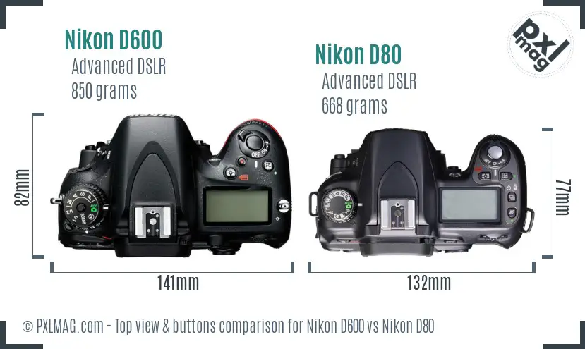 Nikon D600 vs Nikon D80 top view buttons comparison
