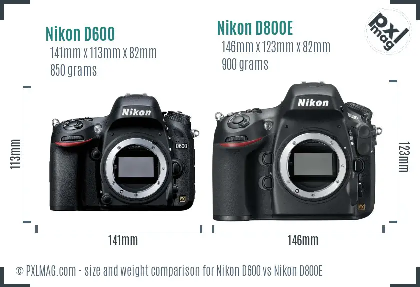 Nikon D600 vs Nikon D800E size comparison