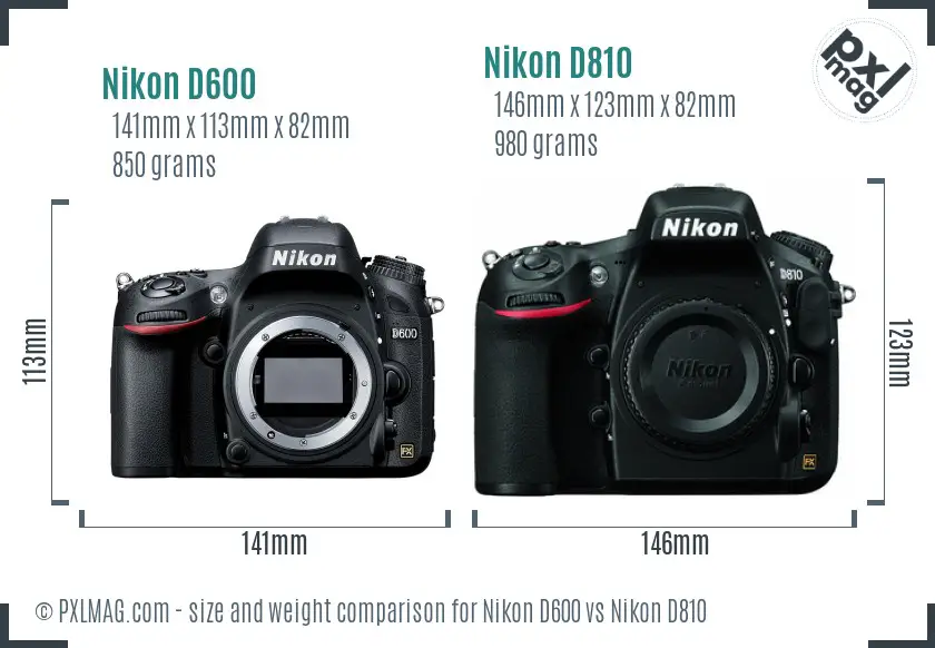 Nikon D600 vs Nikon D810 size comparison