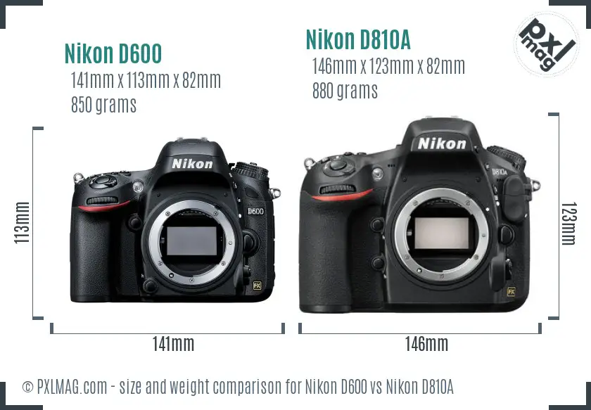 Nikon D600 vs Nikon D810A size comparison