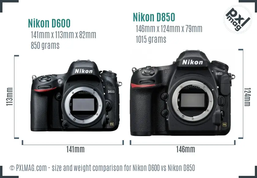 Nikon D600 vs Nikon D850 size comparison