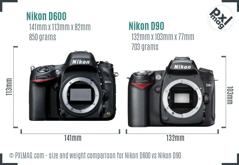 Nikon D600 vs Nikon D90 size comparison