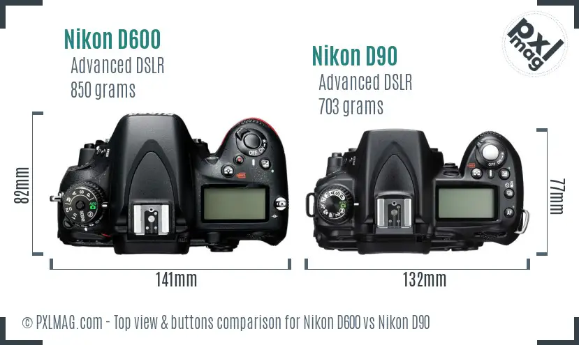 Nikon D600 vs Nikon D90 top view buttons comparison
