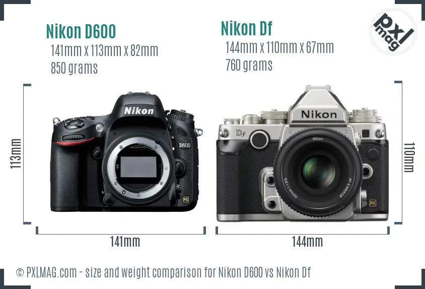 Nikon D600 vs Nikon Df size comparison