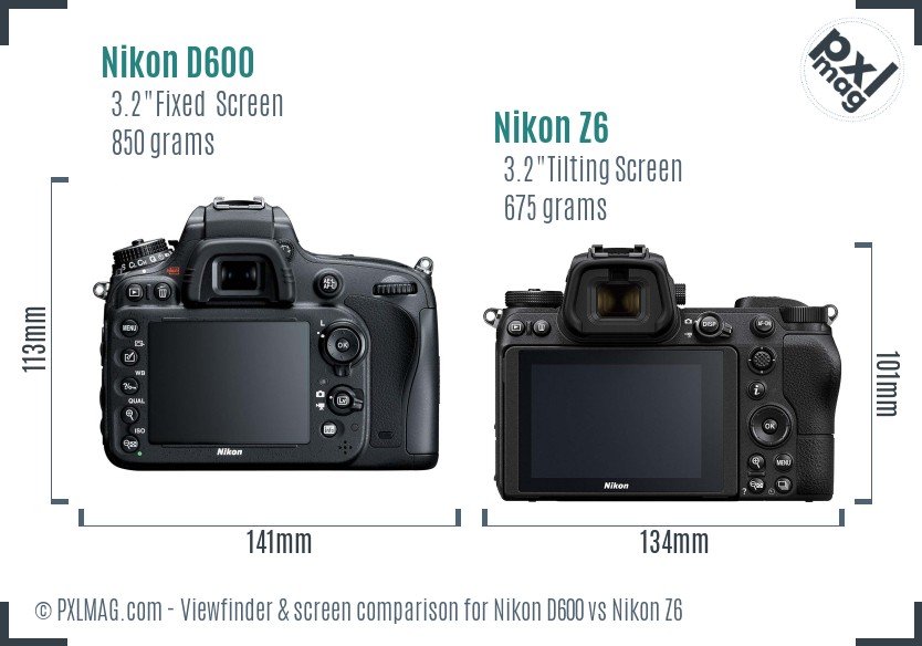 Nikon D600 vs Nikon Z6 Screen and Viewfinder comparison