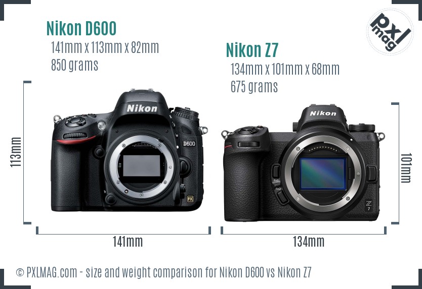 Nikon D600 vs Nikon Z7 size comparison