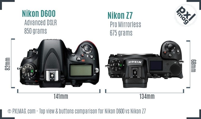 Nikon D600 vs Nikon Z7 top view buttons comparison