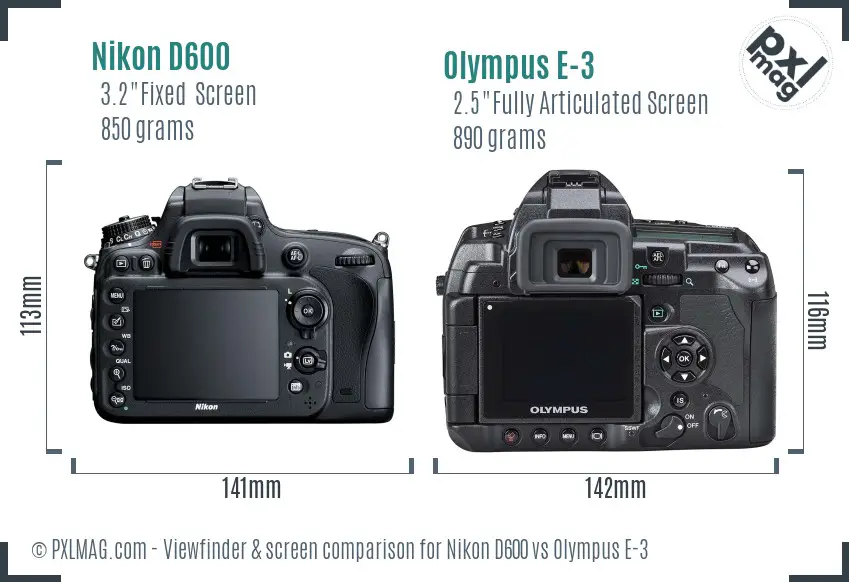 Nikon D600 vs Olympus E-3 Screen and Viewfinder comparison