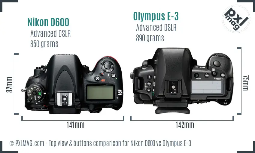 Nikon D600 vs Olympus E-3 top view buttons comparison