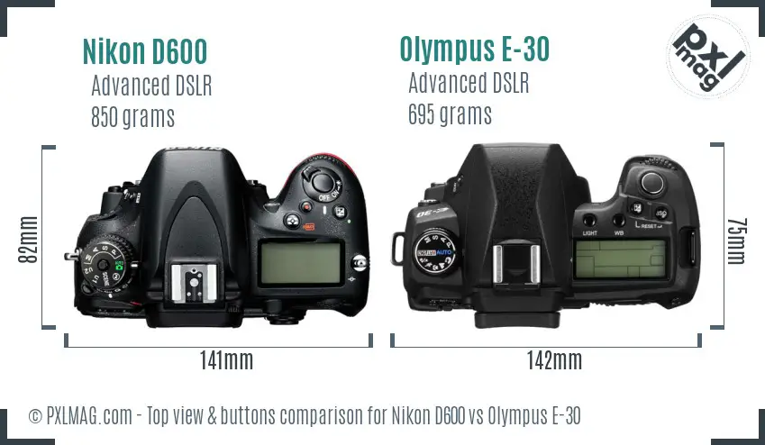 Nikon D600 vs Olympus E-30 top view buttons comparison