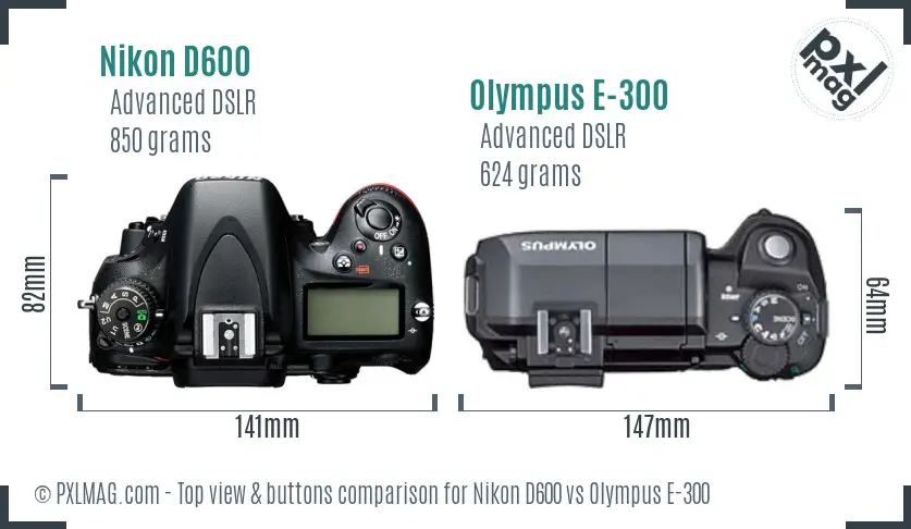 Nikon D600 vs Olympus E-300 top view buttons comparison